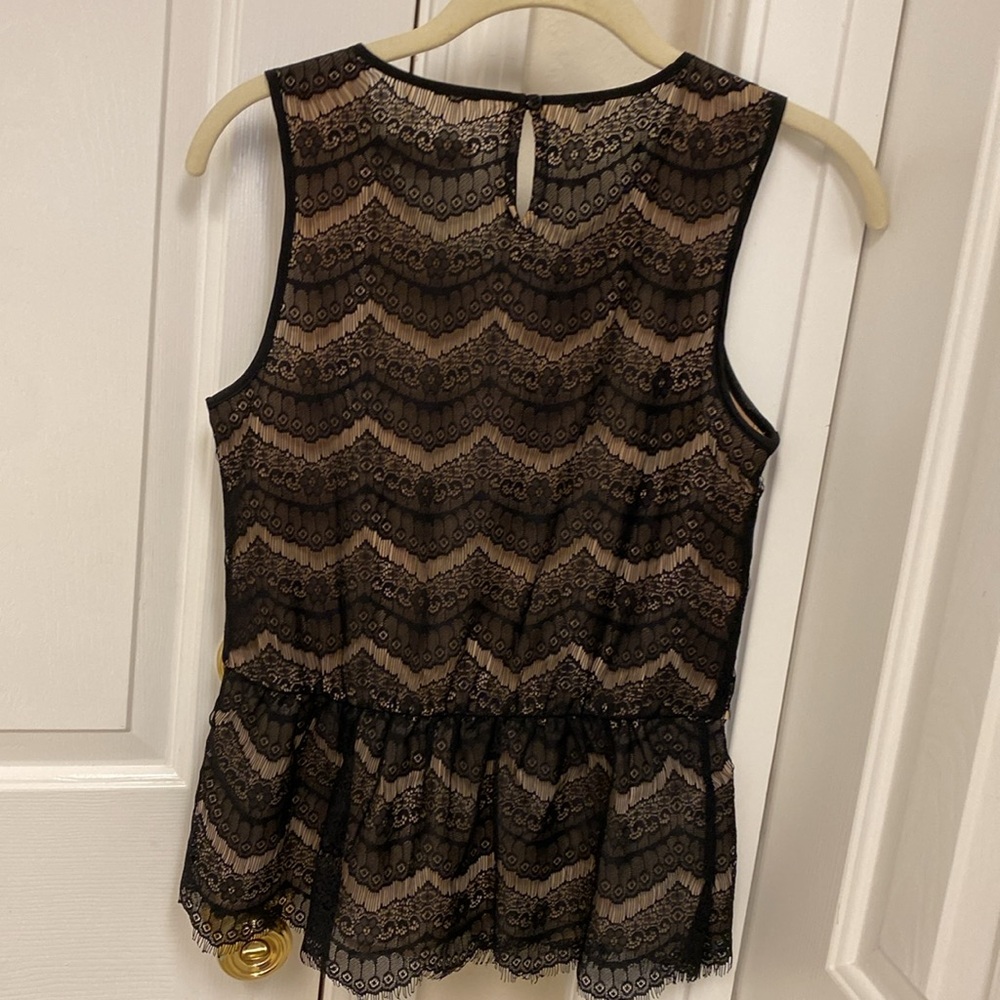 LOFT Black and Tan Peplum Blouse with Embellished Lace - Picture 3 of 4